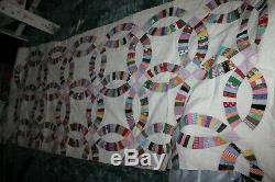 Quilt Handmade Wedding Ring Patchwork Cotton 86x106 King Blanket Vintage NICE