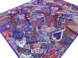 Quilt King Purple Patchwork Bed Cover Handmade Vintage Patches Bedspread India