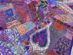 Quilt King Purple Patchwork Bed Cover Handmade Vintage Patches Bedspread India