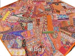 Quilt Patchwork Orange Queen Indian Handmade Bedspread Bed cover Vintage Boho