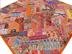 Quilt Patchwork Orange Queen Indian Handmade Bedspread Bed cover Vintage Boho