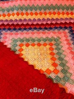 Quilt Vtg / Old Handmade HandSEWN Hand Quilted 2 sided Rainbow of colors Ombre