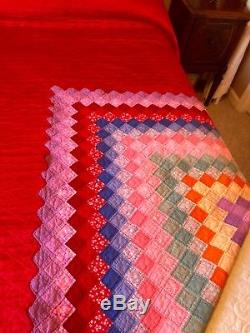 Quilt Vtg / Old Handmade HandSEWN Hand Quilted 2 sided Rainbow of colors Ombre
