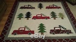 Quilt, handmade in vintage truck theme. Red, green, gray, and black. 69x78