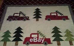 Quilt, handmade in vintage truck theme. Red, green, gray, and black. 69x78