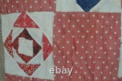 Quilt patchwork hand pieced crib small 36x48 red white blue 1800s antique