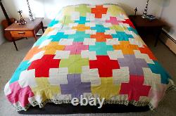 RARE Vtg Handmade Geometric Cross Art Bright Patchwork Bedspread Quilt 89x74