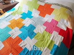 RARE Vtg Handmade Geometric Cross Art Bright Patchwork Bedspread Quilt 89x74