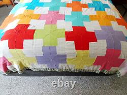 RARE Vtg Handmade Geometric Cross Art Bright Patchwork Bedspread Quilt 89x74