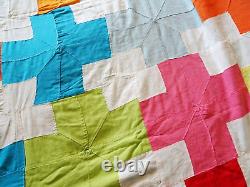 RARE Vtg Handmade Geometric Cross Art Bright Patchwork Bedspread Quilt 89x74