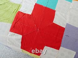 RARE Vtg Handmade Geometric Cross Art Bright Patchwork Bedspread Quilt 89x74