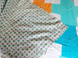 RARE Vtg Handmade Geometric Cross Art Bright Patchwork Bedspread Quilt 89x74