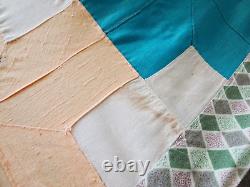 RARE Vtg Handmade Geometric Cross Art Bright Patchwork Bedspread Quilt 89x74