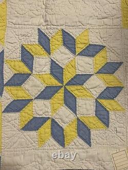 Rare Antique Quilt Eight Pointed Star Blue Yellow Hand Stitched 21X 32.5 Read