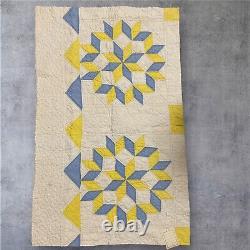 Rare Antique Quilt Eight Pointed Star Blue Yellow Hand Stitched 21X 32.5 Read