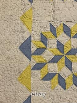 Rare Antique Quilt Eight Pointed Star Blue Yellow Hand Stitched 21X 32.5 Read