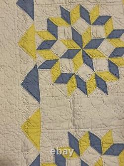 Rare Antique Quilt Eight Pointed Star Blue Yellow Hand Stitched 21X 32.5 Read