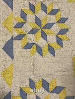 Rare Antique Quilt Eight Pointed Star Blue Yellow Hand Stitched 21X 32.5 Read