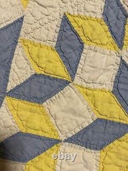 Rare Antique Quilt Eight Pointed Star Blue Yellow Hand Stitched 21X 32.5 Read