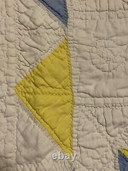 Rare Antique Quilt Eight Pointed Star Blue Yellow Hand Stitched 21X 32.5 Read