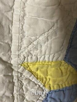 Rare Antique Quilt Eight Pointed Star Blue Yellow Hand Stitched 21X 32.5 Read