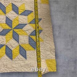 Rare Antique Quilt Eight Pointed Star Blue Yellow Hand Stitched 21X 32.5 Read