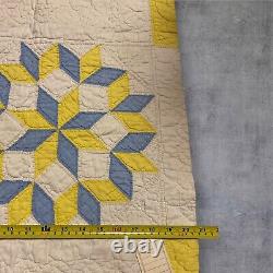 Rare Antique Quilt Eight Pointed Star Blue Yellow Hand Stitched 21X 32.5 Read