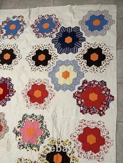 Rare Vintage Grandma's Flower Garden Quilt Hand Stitched Home Made 82x68 Stain