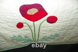 Rare Vintage Unique Handmade Red Poppy Flowers Applique Quilt