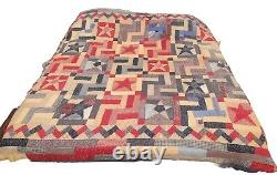 Red Blue Patchwork Antique Vintage Quilt Stars 84x100 King Queen Handmade Whit