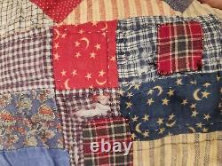 Red Blue Patchwork Antique Vintage Quilt Stars 84x100 King Queen Handmade Whit