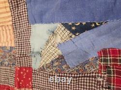 Red Blue Patchwork Antique Vintage Quilt Stars 84x100 King Queen Handmade Whit