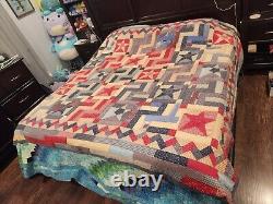 Red Blue Patchwork Antique Vintage Quilt Stars 84x100 King Queen Handmade Whit