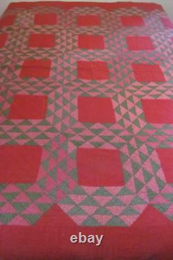 Red Border 1800s Antique OCEAN WAVES QuiltHand QuiltedCinnamon Pink Green 80