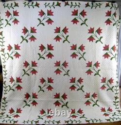 Red & Green Carolina Lily Pattern Quilt c. 1860 Handmade Antique