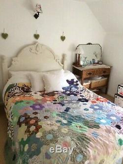 Reduced VINTAGE HANDMADE LARGE PATCHWORK QUILT / THROW 88 x 100
