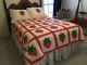 Set Vtg Handmade Quilt-bedskirt-2shams Full/queen 75 X 88 Strawberry Muslin