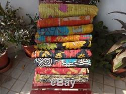 Set of 10 Handmade Vintage Kantha Quilt, Handmade Reversible Antique Gudri Throw
