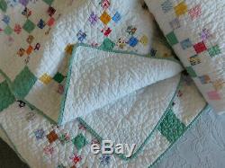 Set of 2 Vintage Antique Postage Stamp Quilts Hand Made Feed Sack Fabrics PAIR