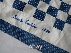Signed Curtis Dated 1880 Antique Indigo Blue & White Irish Chain QUILT TOP 86x82