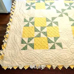 Signed Dated Pinwheel Quilt Hand Stitch 84x84 Sawtooth Edge Yellow Green VTG'31