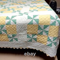 Signed Dated Pinwheel Quilt Hand Stitch 84x84 Sawtooth Edge Yellow Green VTG'31