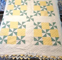 Signed Dated Pinwheel Quilt Hand Stitch 84x84 Sawtooth Edge Yellow Green VTG'31