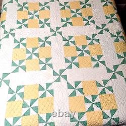 Signed Dated Pinwheel Quilt Hand Stitch 84x84 Sawtooth Edge Yellow Green VTG'31