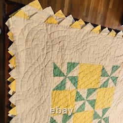 Signed Dated Pinwheel Quilt Hand Stitch 84x84 Sawtooth Edge Yellow Green VTG'31