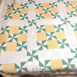 Signed Dated Pinwheel Quilt Hand Stitch 84x84 Sawtooth Edge Yellow Green VTG'31