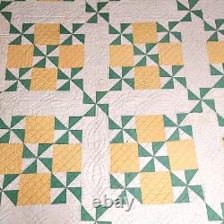 Signed Dated Pinwheel Quilt Hand Stitch 84x84 Sawtooth Edge Yellow Green VTG'31