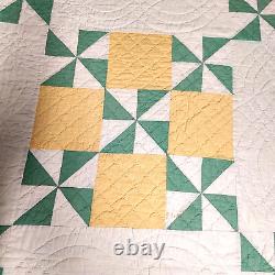 Signed Dated Pinwheel Quilt Hand Stitch 84x84 Sawtooth Edge Yellow Green VTG'31