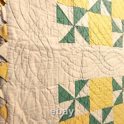 Signed Dated Pinwheel Quilt Hand Stitch 84x84 Sawtooth Edge Yellow Green VTG'31