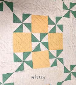 Signed Dated Pinwheel Quilt Hand Stitch 84x84 Sawtooth Edge Yellow Green VTG'31